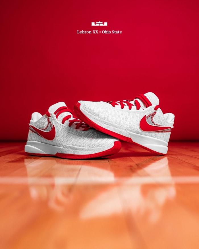 White and red Nike LeBron shoes.